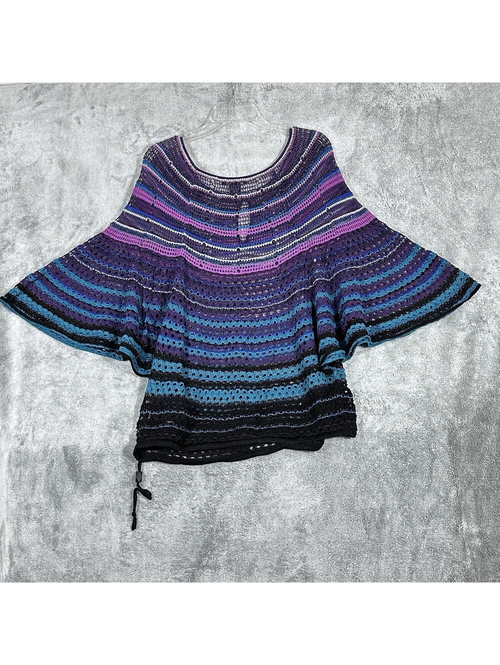 Lucky Brand Women's L Crochet Batwing Top Striped Boho Knit Butterfly Sleeve